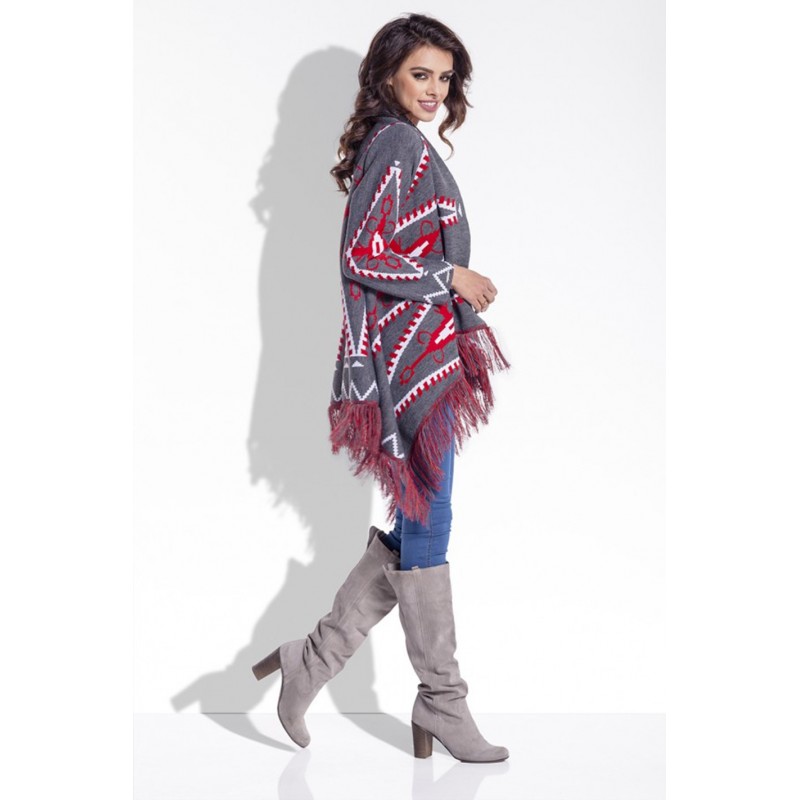 Cardigan de dama cu imprimeu aztec franjurat gri inchis